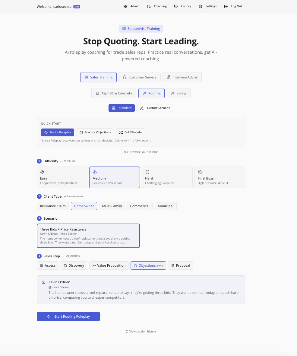SalesAdvisr AI sales roleplay and coaching workspace